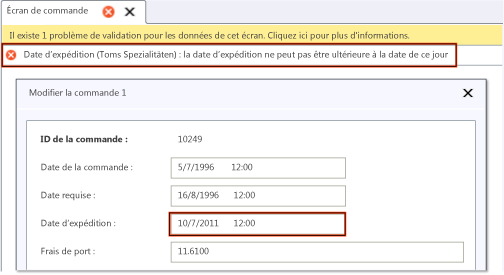 Message d'erreur de validation