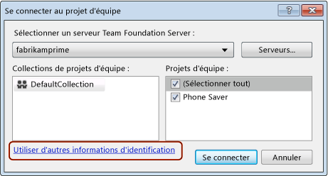 Se connecter à un projet d'équipe avec d'autres informations d'identification