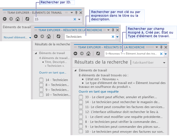 Rechercher un élément de travail à l'aide de la zone de texte de recherche