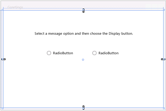 Formulaire Greetings avec bloc de texte et deux cases d'option