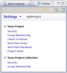 Page des paramètres Team Explorer