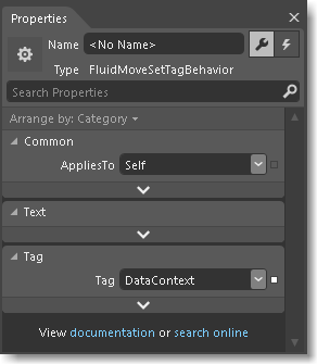 FluidMoveSetTagBehavior dans le volet Propriétés