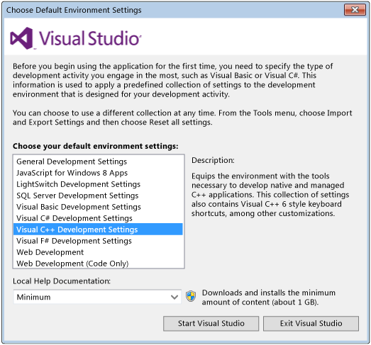 Choisir les paramètres d'environnement Visual C++ par défaut