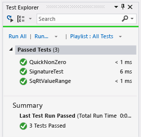 Unit Test Explorer with three passed tests