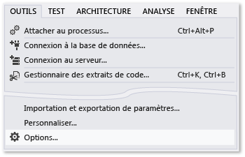 Commande Options du menu Outils