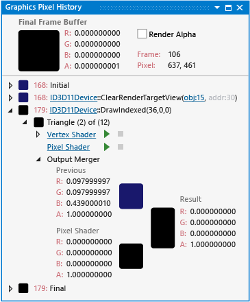 gfx_diag_demo_render_error_shader_step_3 The pixel history shows one DrawIndexed event.