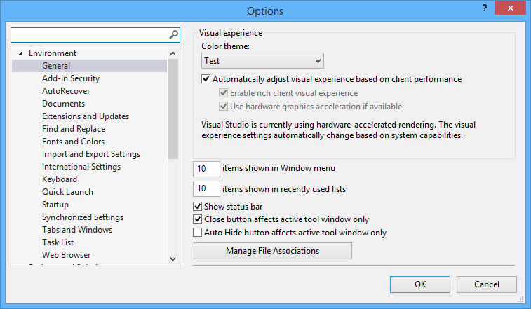 0704-02_ToolsOptions Layered dialog in Visual Studio