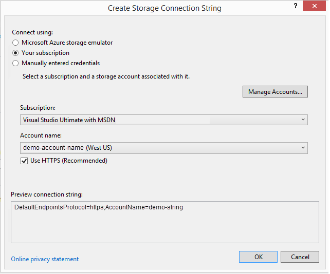 Storage account dialog box
