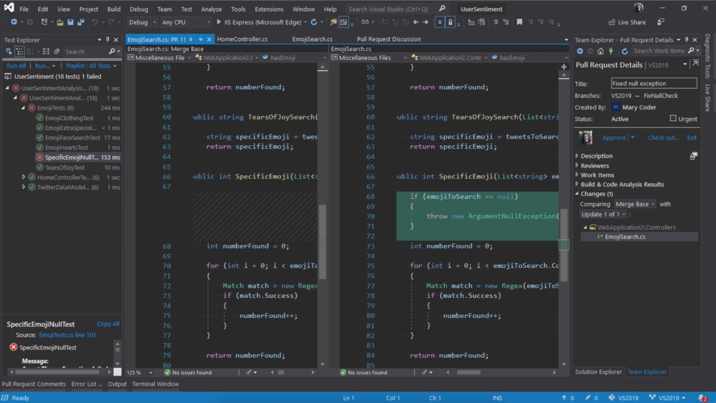 The new Pull Requests extension in Visual Studio 2019. A screenshot of the new Pull Requests extension in Visual Studio 2019
