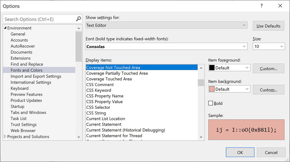 Code coverage fonts and colors