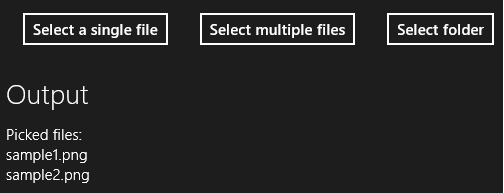 Capture d’écran de l’exemple de gestion de fichiers utilisant des sélecteurs de fichiers et de dossiers.