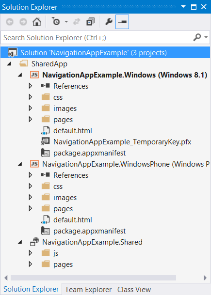 Fichiers dans le nouveau projet Application de navigation.