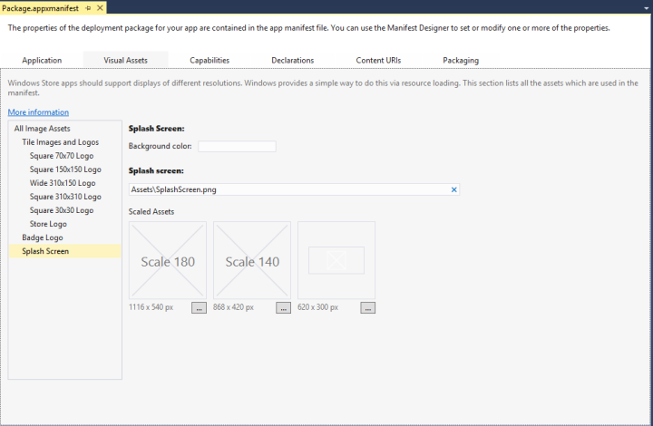 Capture d’écran de la fenêtre "Package.appxmanifest" dans Visual Studio 2013