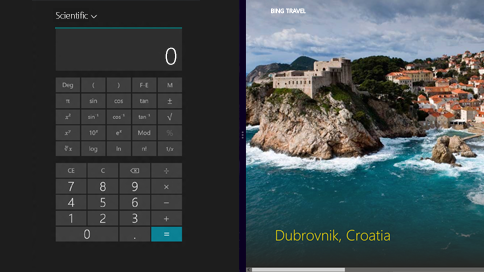 Application Calculatrice partageant l’écran avec l’application Bing Voyage