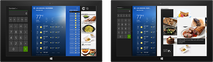 Application Calculatrice, application Bing Météo et application Great British Chefs, redimensionnées, côte à côte à l’écran