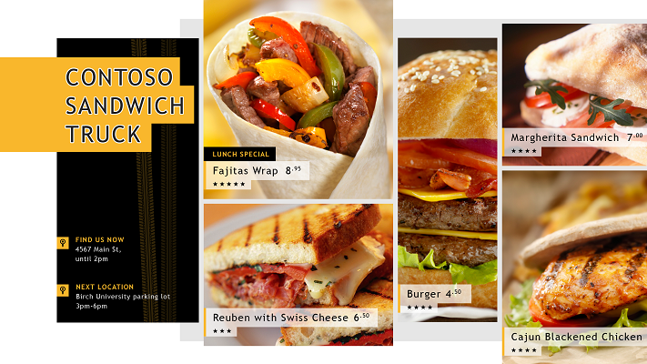 Exemple d’application du Windows Store de Contoso Sandwich Truck montrant l’expression de la marque à travers divers éléments visuels (graphismes, grille et logo)
