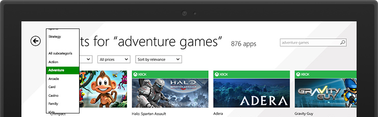 Recherche de jeux d’aventure dans le Windows Store