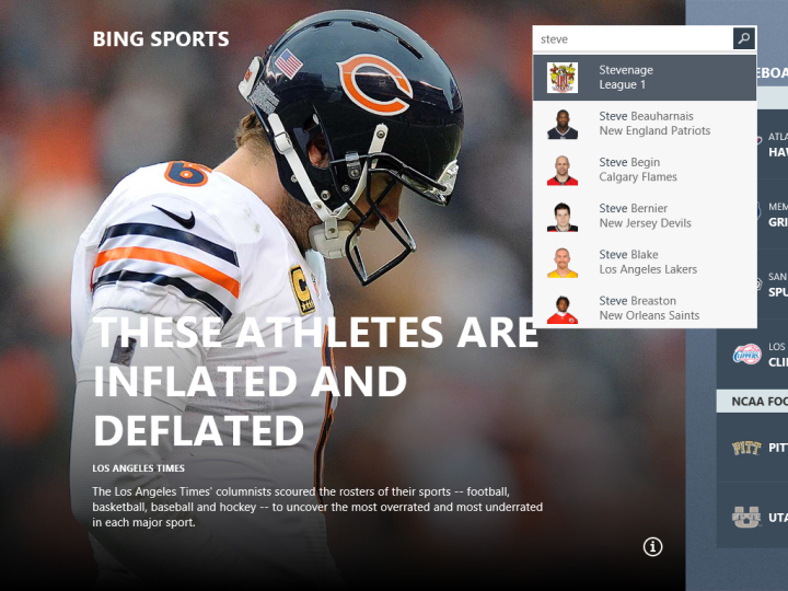 Recherche lors de la saisie sur la page d’accueil de l’application Bing Sports