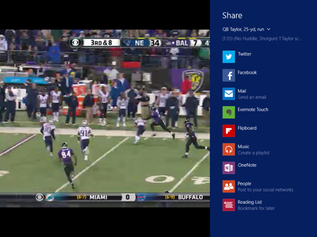 Capture d’écran illustrant le menu volant de partage dans l’application NFL Fantasy Football