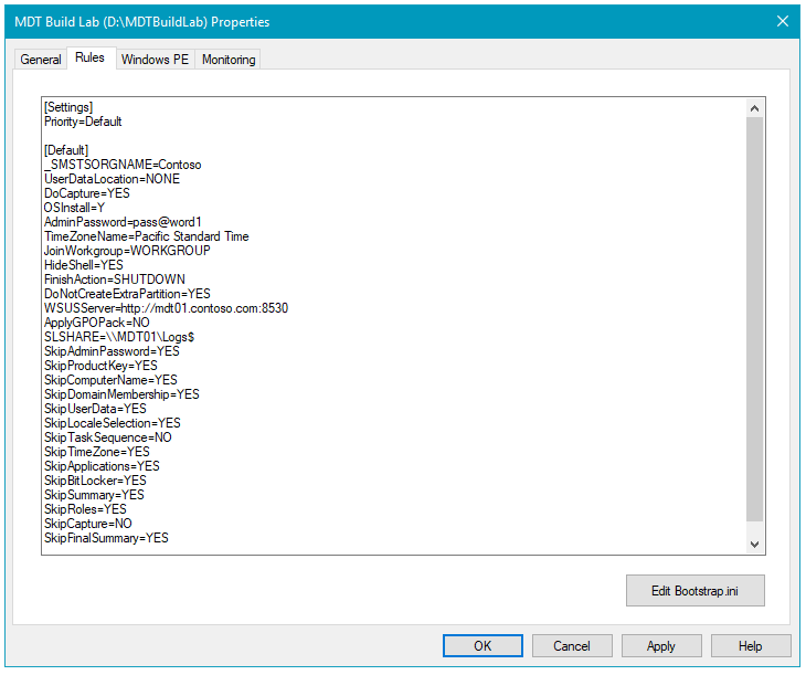 Screenshot of the MDT build lab properties.