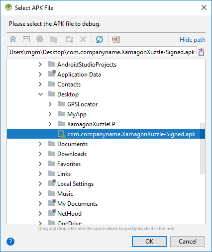 Sélection du package APK dans la boîte de dialogue Select APK File