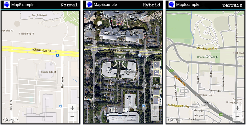 Trois exemples de captures d’écran de carte : Normal, Hybride et Terrain