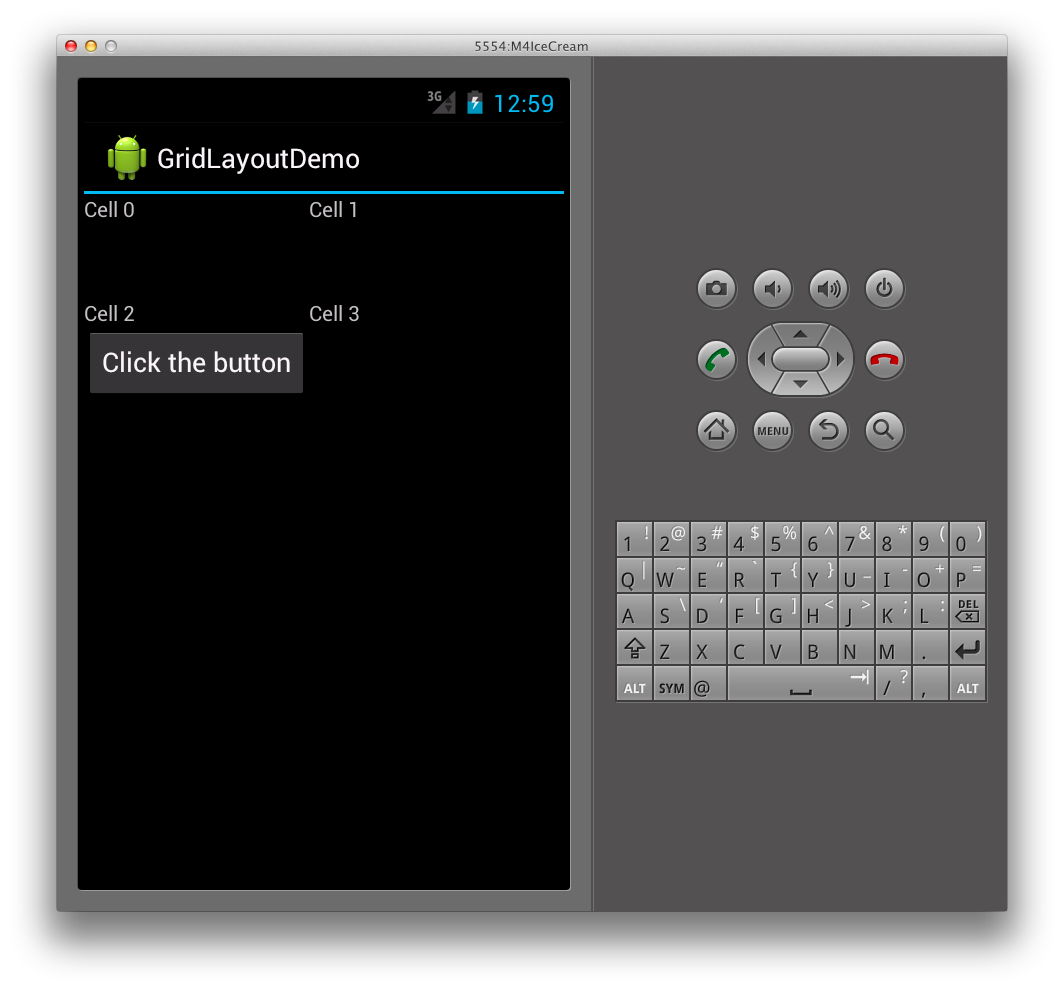 Capture d’écran de GridLayoutDemo avec bouton couvrant uniquement la première colonne