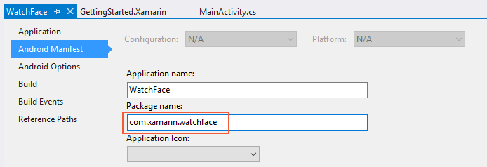 Définir le nom du package sur com.xamarin.watchface Paramètre de nom du package