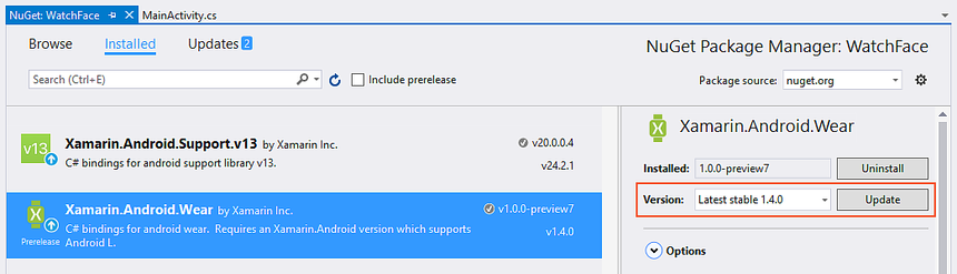 Ajouter le package Xamarin.Android.Wear Ajouter nuGet Gestionnaire de package