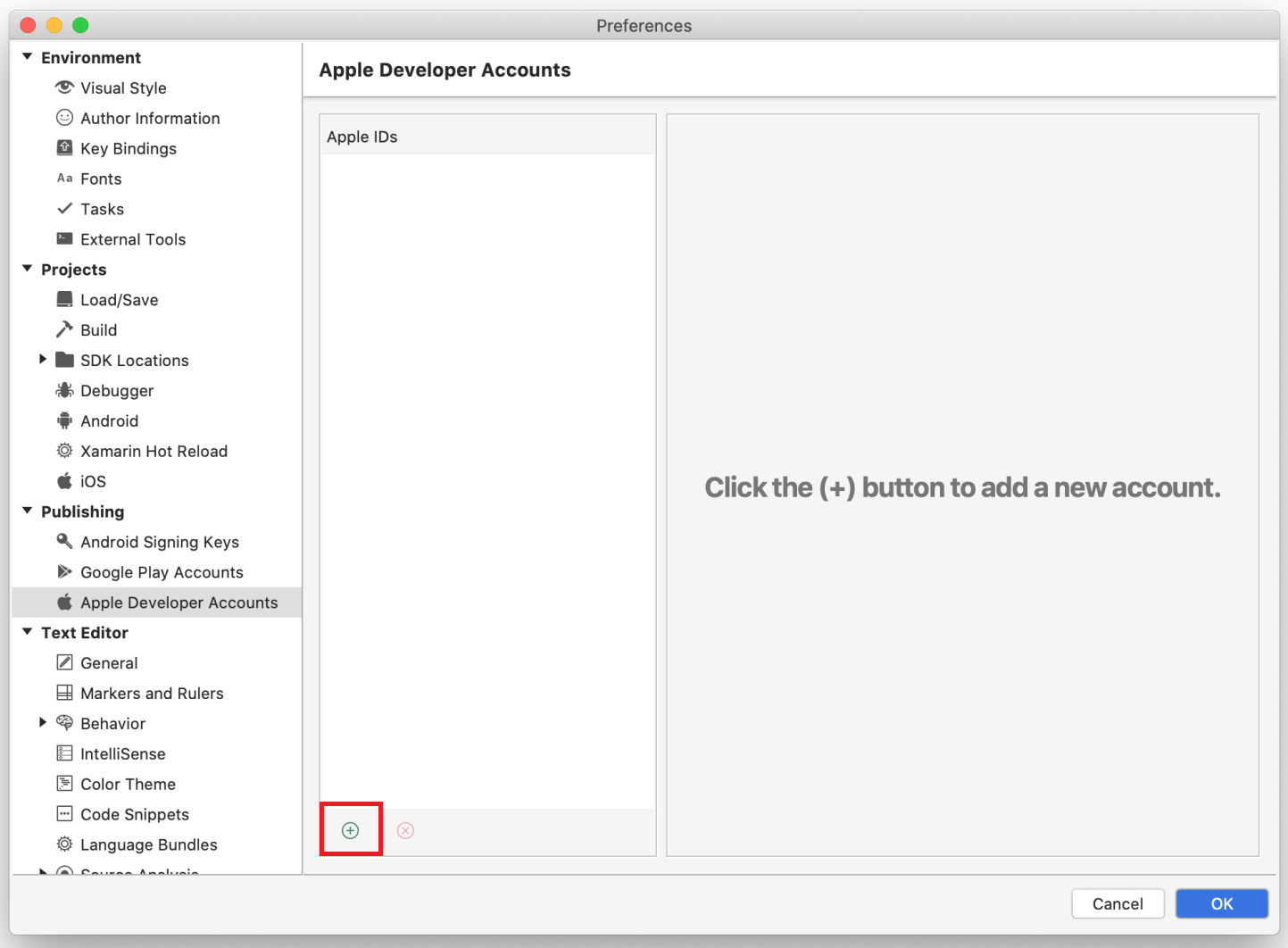 Capture d’écran de la page des comptes de développeur Apple dans Visual Studio pour Mac préférences.