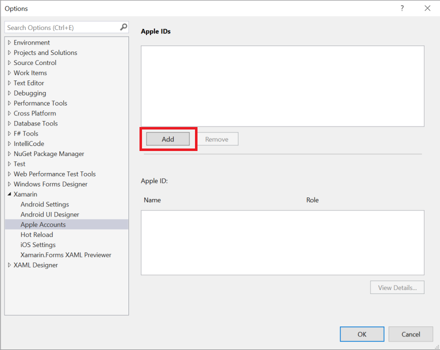 Capture d’écran de la page Comptes Apple dans les options Visual Studio.