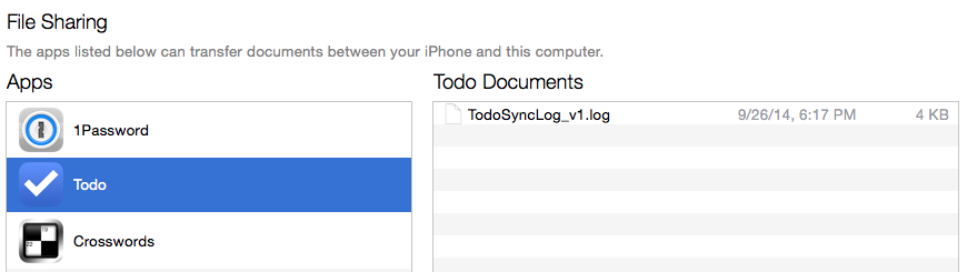 Cette capture d’écran montre les fichiers dans l’application sélectionnée partagée via iTunes