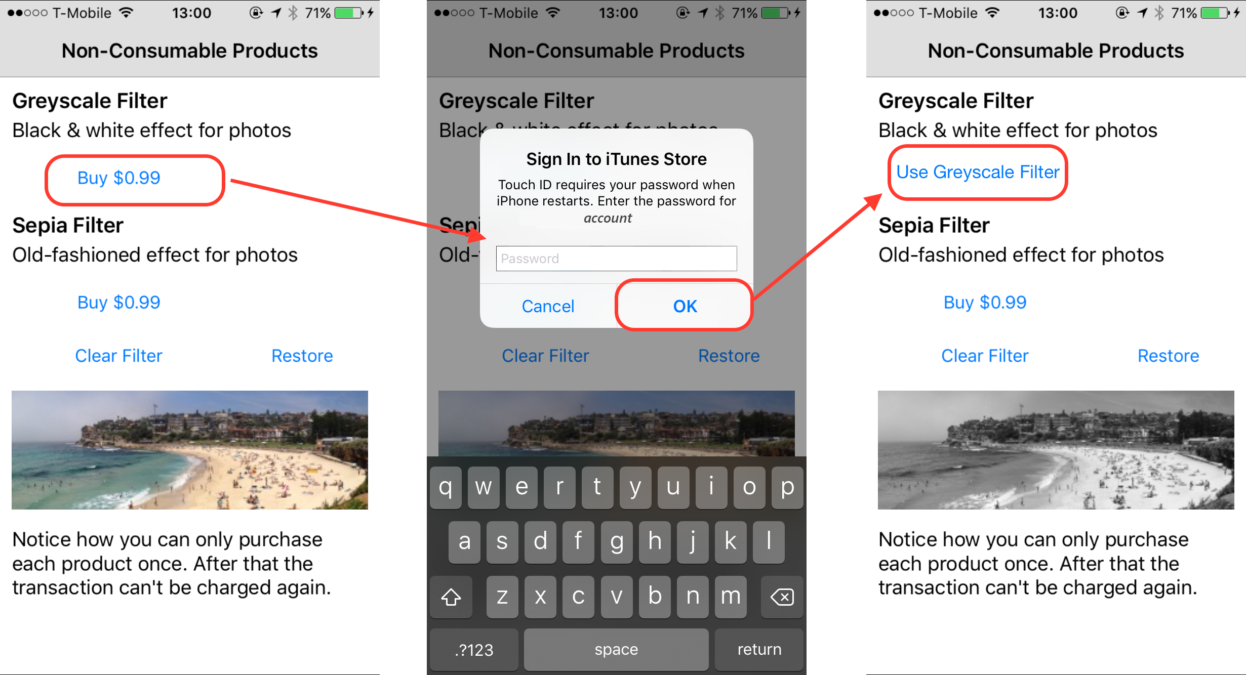 StoreKit informe le code de l’application, qui doit stocker le résultat de la transaction et fournir à l’utilisateur l’accès à son achat