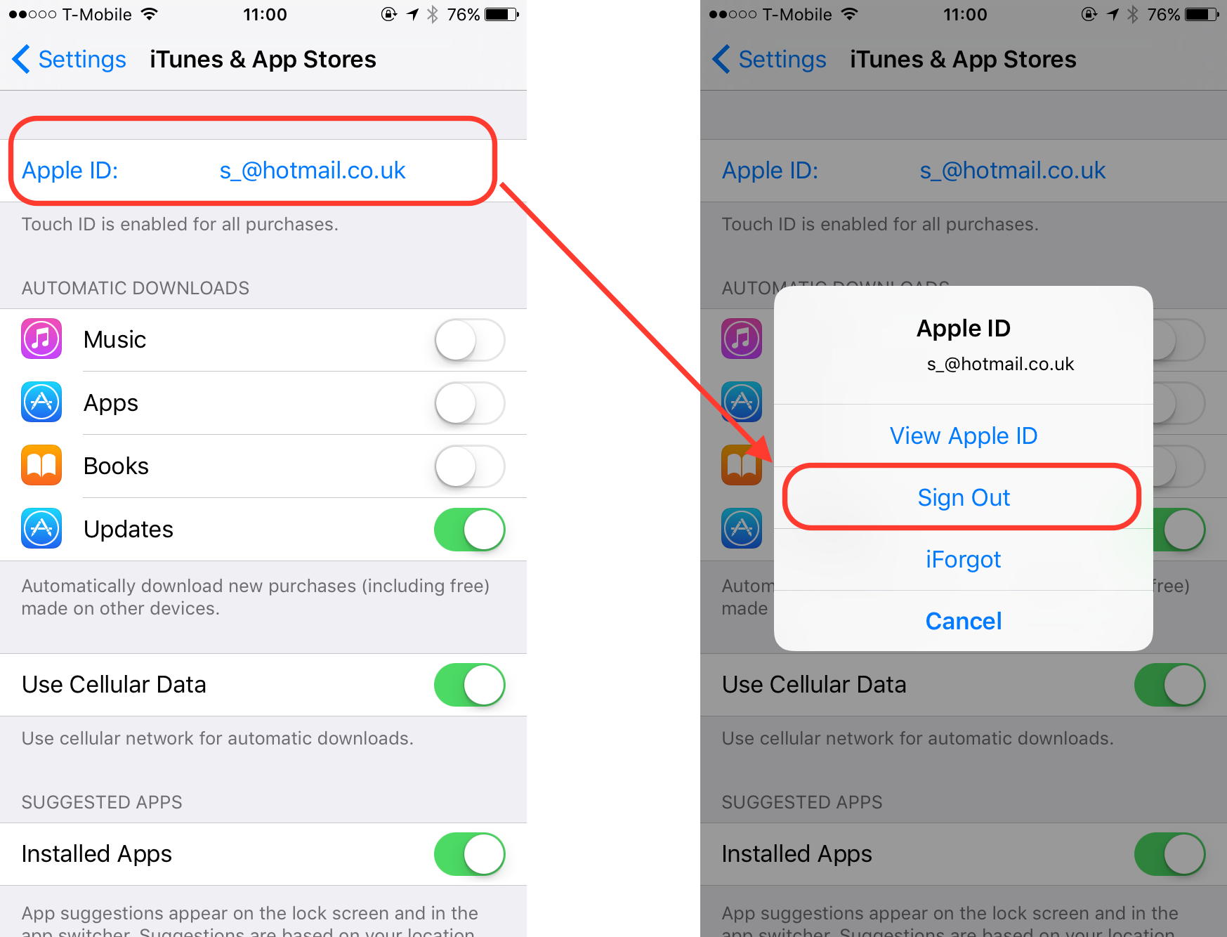 Pour vous déconnecter du compte actuel, visitez Paramètres iTunes et App Store
