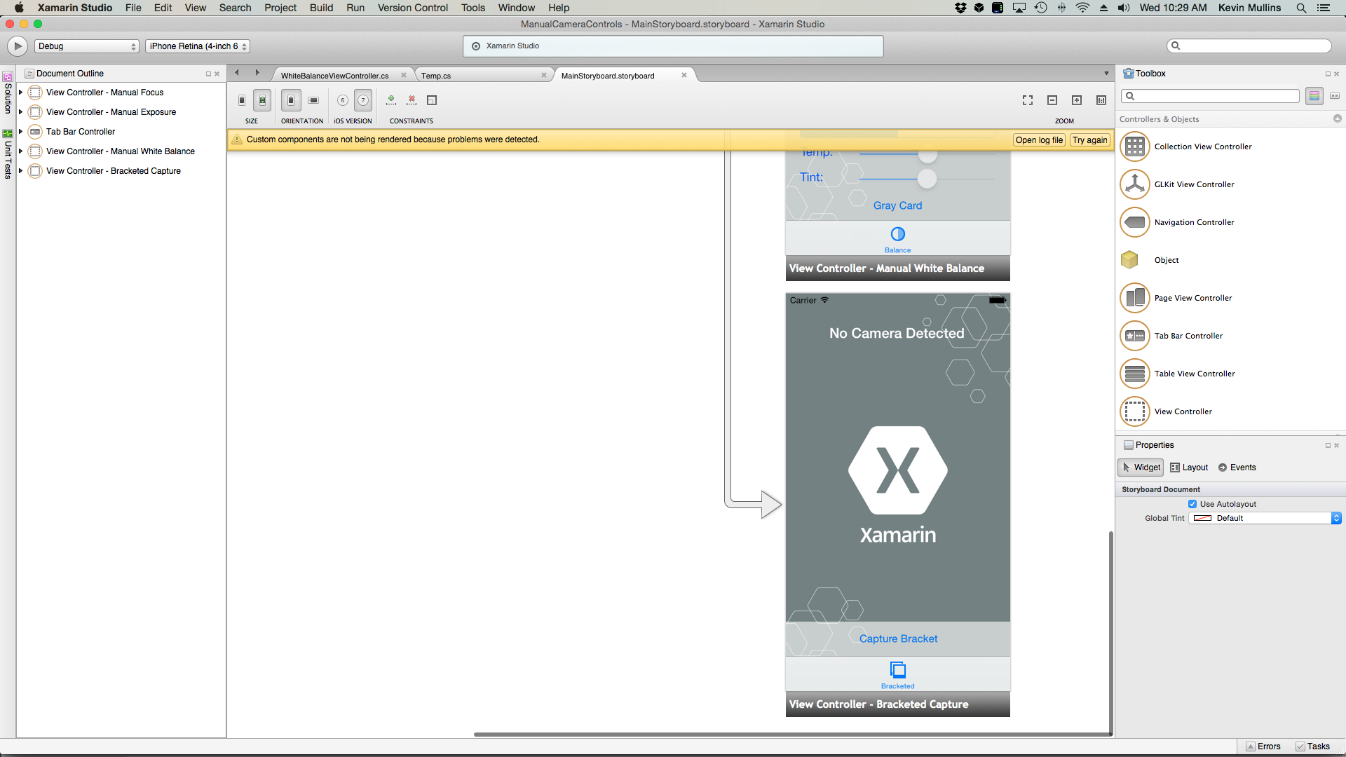 Un UIViewController peut être ajouté aux applications Storyboard et configuré, comme illustré ici l’exemple de capture entre crochets.