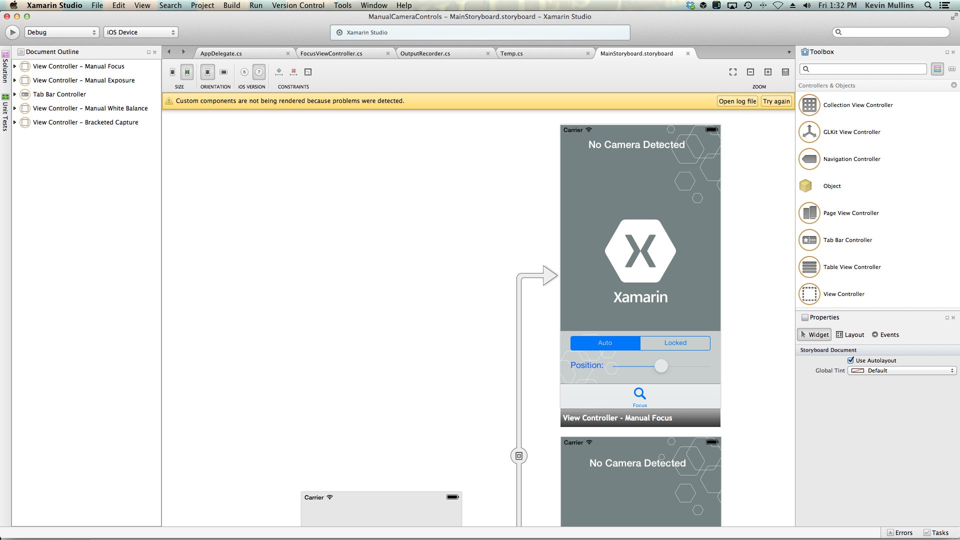 Un UIViewController peut être ajouté aux applications Storyboard et configuré comme illustré ici pour l’exemple de focus manuel.