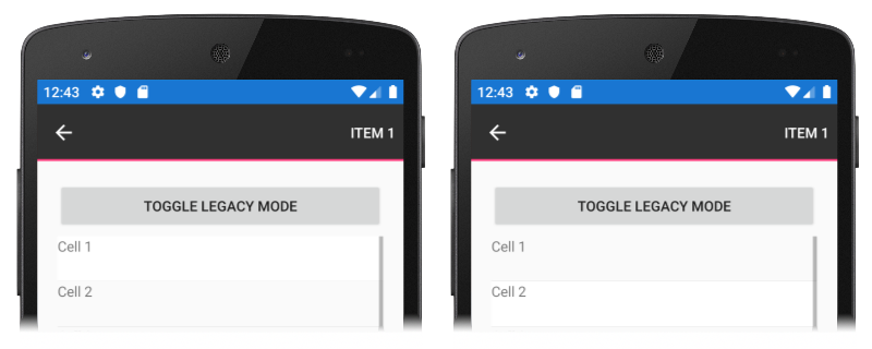 Capture d’écran du mode hérité ViewCell activé sur Android