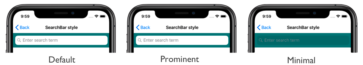 Capture d’écran des styles SearchBar avec couleur d’arrière-plan, sur iOS