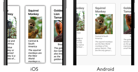 Capture d’écran d’un CollectionView avec des éléments adjacents partiellement visibles, sur iOS et Android