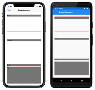 Capture d’écran d’un StackLayout avec les options d’extension définies