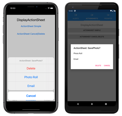 Boîte de dialogue ActionSheet avec bouton détruire, sur iOS et Android