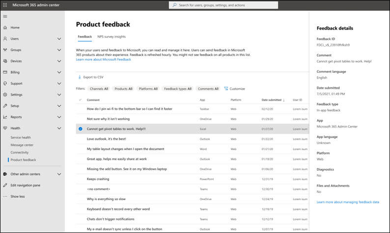 Commentaires sur les produits dans le Centre d’administration Microsoft 365.
