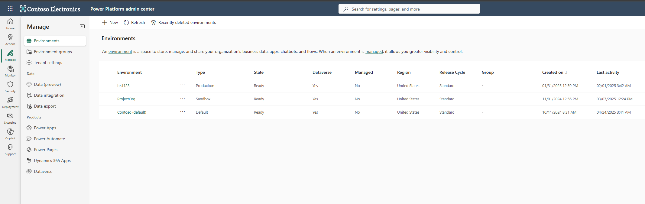 Capture d’écran du instance Dataverse.