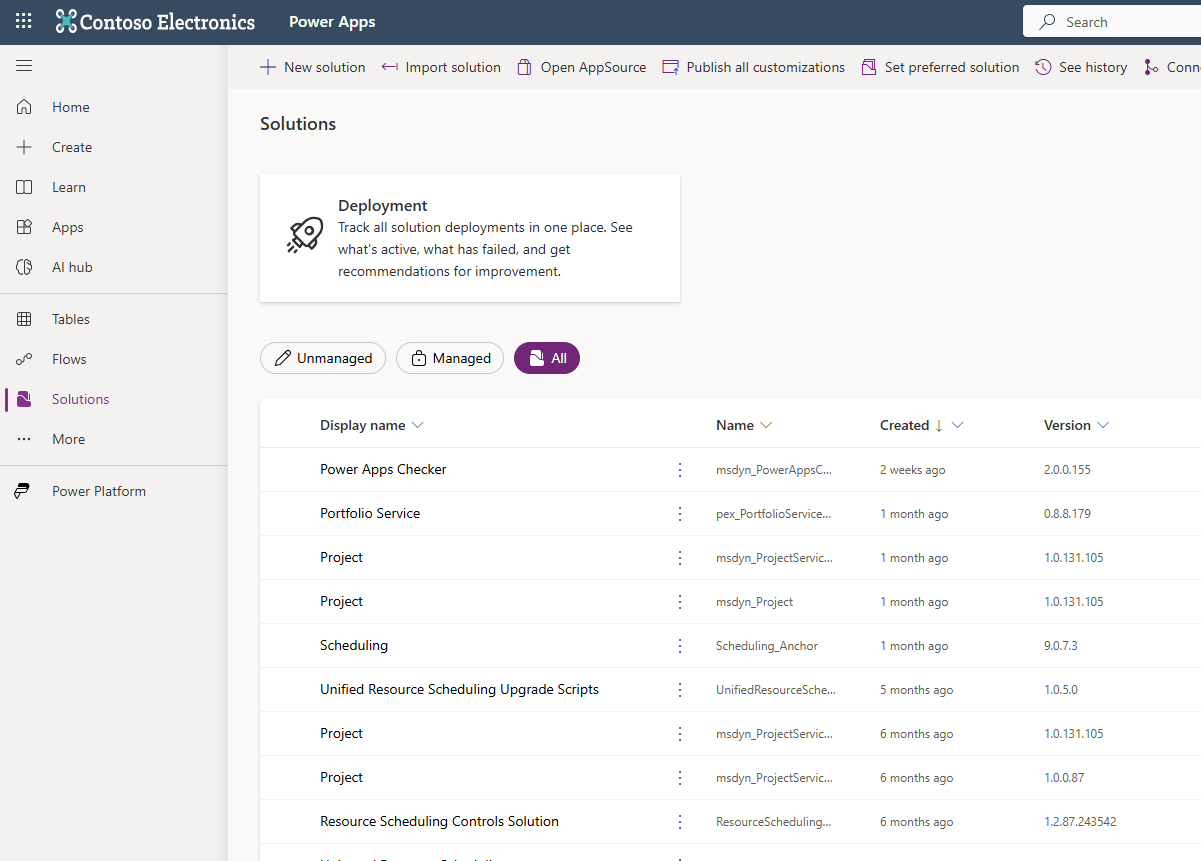 Capture d’écran des solutions Dataverse.