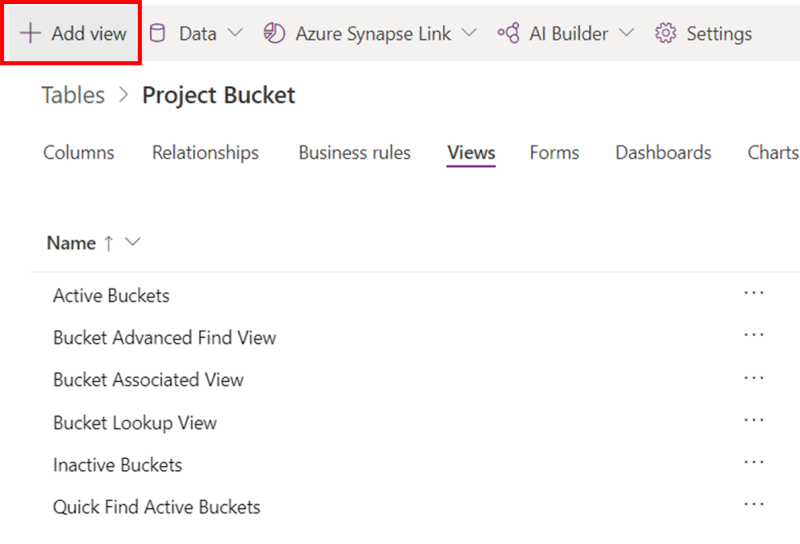 Commande Ajouter une vue pour une seule table Project Power App.