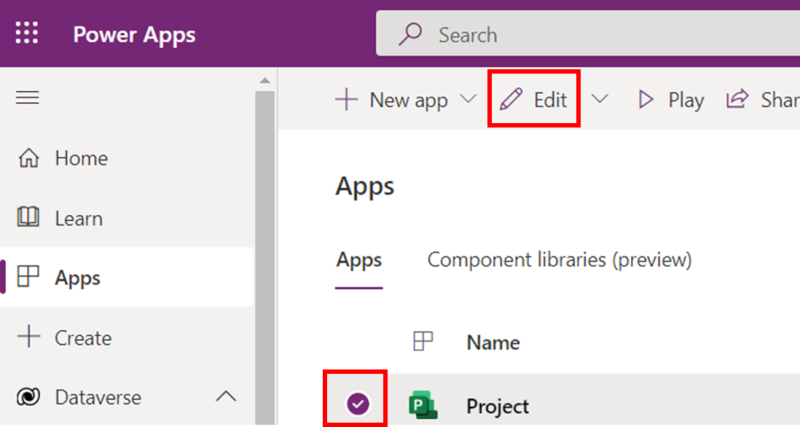 Sélectionnez l’application Projet pour la modifier.