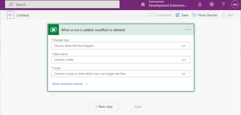 Déclencheur Dataverse dans un nouveau flux Project Power App.