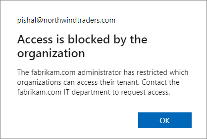 Exemple de message lorsqu’un autre locataire Microsoft Entra bloque l’accès au contenu chiffré.