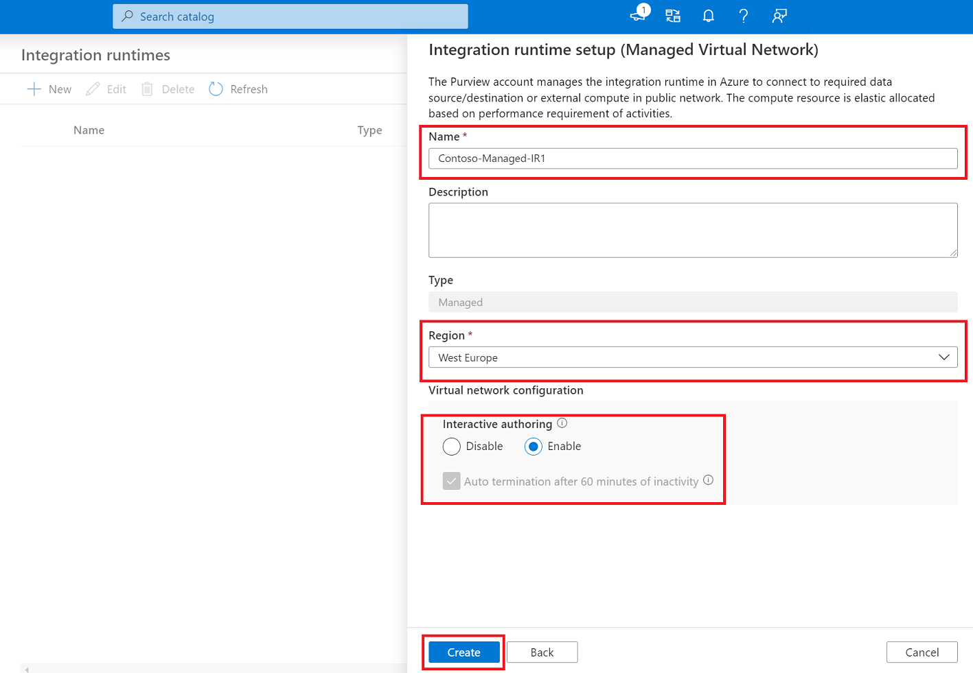 Capture d’écran montrant comment créer un runtime de réseau virtuel managé