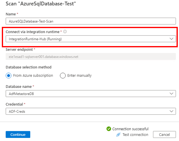 Capture d’écran montrant l’exécution d’une analyse Azure à l’aide du runtime d’intégration auto-hébergé.